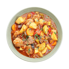 Delicious stew with vegetables in bowl isolated on white, top view