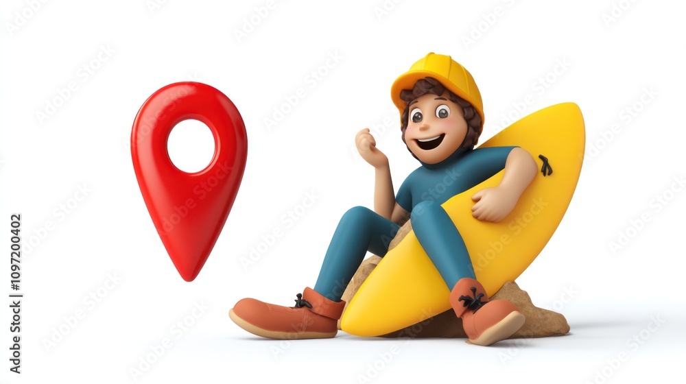 Poster a cheerful character in a hard hat sits on a surfboard beside a location pin.