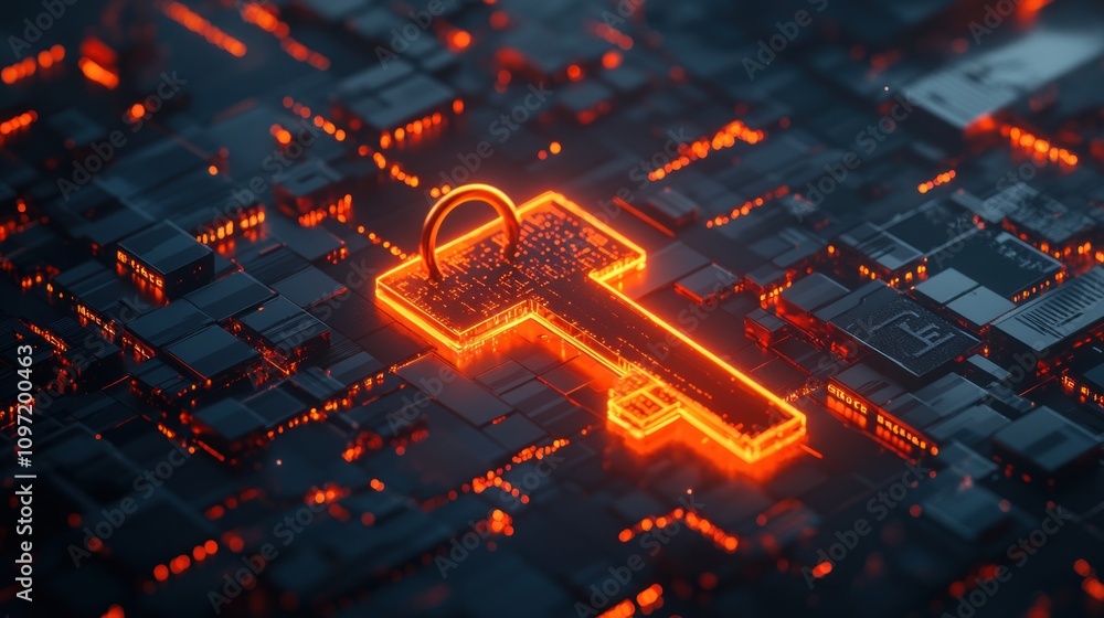 Poster a glowing digital key over a circuit-like background, symbolizing cybersecurity and encryption.