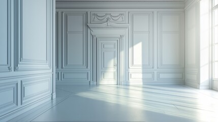 Classic luxury empty room with wooden boiserie on the wall. White wall panels, premium cabinet style Generative AI.