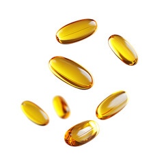 A collection of yellow gel capsules, often used as dietary supplements or vitamins.