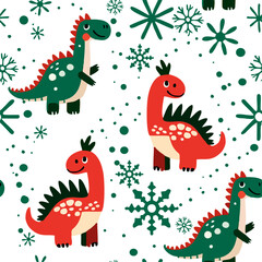 Hand drawn vector seamless
christmas child pattern with cartoon funny
dinosaurs cub and snowflakes.
2025 New Year fashion
ornament for kid fabric, paper, textiles, notepad, packaging.