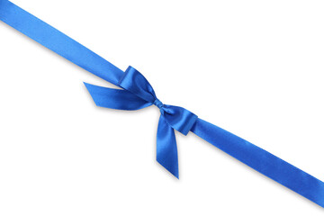 Beautiful blue ribbon with bow isolated on white, top view