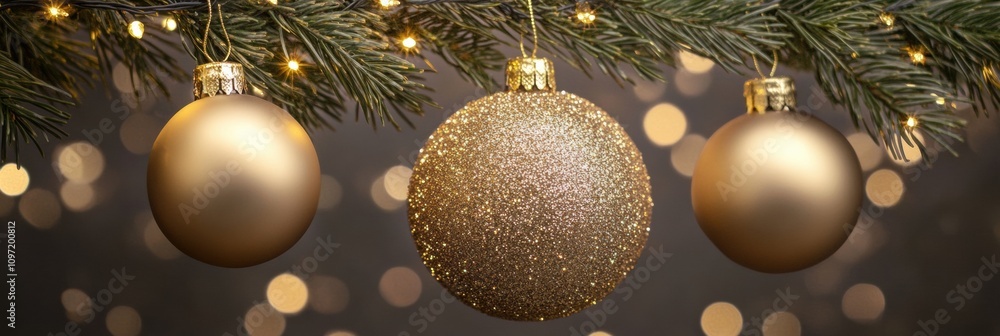 Aufkleber sparkling golden ornaments dangle from a pine branch, surrounded by twinkling lights, creating a war