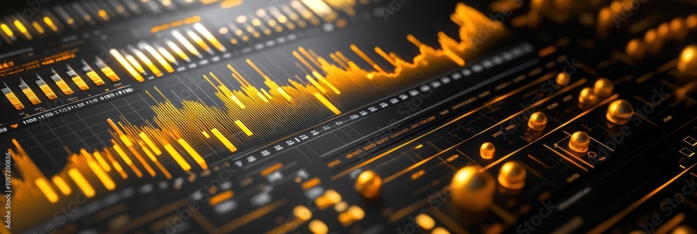 Aufkleber A digital audio interface displaying sound waves and control knobs in a sleek design.