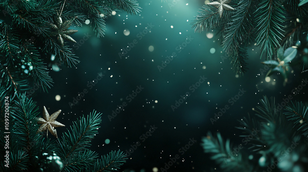 Poster christmas background with fir branches, golden stars and falling snow creating a magical atmosphere 