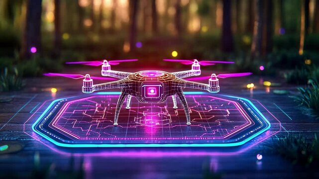Futuristic neon drone hovering on digital launch pad in mystical forest