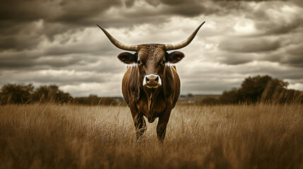 Majestic texas longhorn bull standing in a dry golden field, with large horns and a dramatic cloudy sky in the background