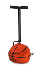 Deflated basketball ball and manual air pump isolated on white