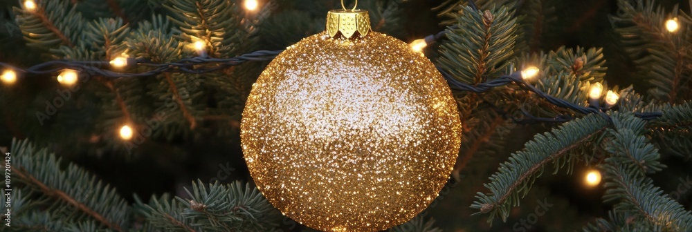 Aufkleber a shiny golden ornament captures the light while hanging gracefully from a pine branch, creating a f