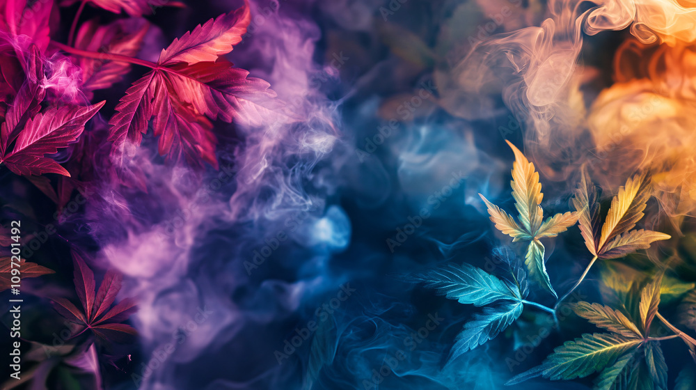 Aufkleber vibrant smoke envelops cannabis leaves, creating a captivating and psychedelic visual display