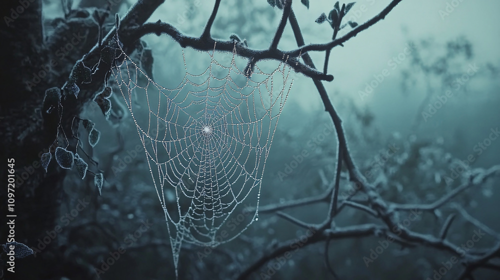 Poster Enchanting spiderweb adorned with dew drops drapes over a frosty tree branch in a misty forest, evoking a sense of magic