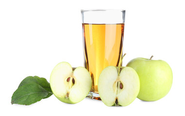Tasty apple juice in glass and fresh fruits isolated on white