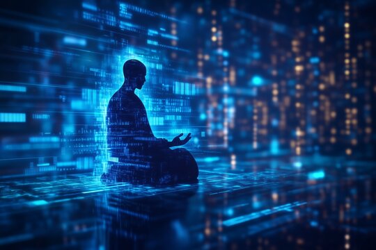 Silhouette of a person meditating in a glowing blue digital environment with light particles and data streams. Futuristic representation of mindfulness and technology. 