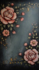 Floral background, hand-painted pink and cream flowers on a dark blue background, with copy space in the middle of the frame, in the style of digital art.