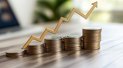 Financial growth concept with stacked coins and rising graph line depicting economic success and investment potential
