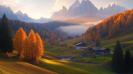 countryside road with wooden fence and autumn colorful maple trees in to Santa Maddalena village at Dolomites mountains, Val di Funes valley, Trentino Alto Adige region, South Tyrol, Italy,