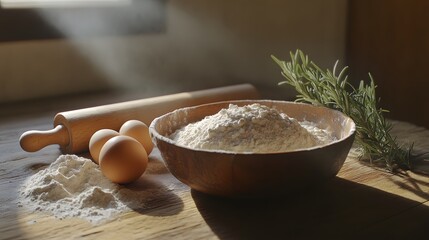 Fresh ingredients for baking with sunlight in rustic kitchen