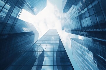 Urban skyscrapers rise towards a bright blue sky under clear daylight in a bustling city