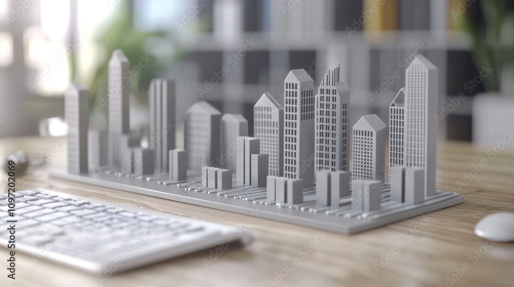 Poster a 3d cityscape model displayed on a desk beside a keyboard.