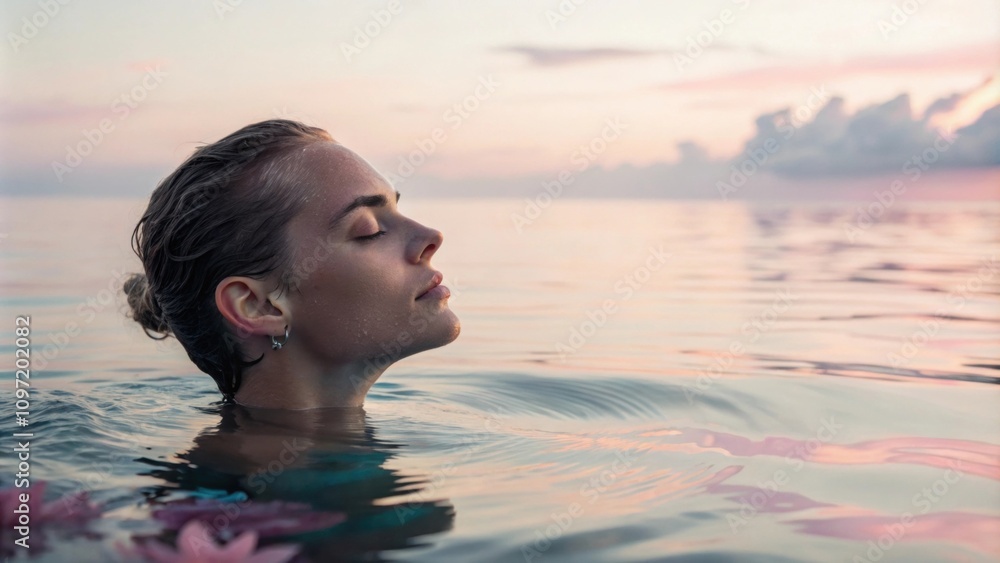Poster a tranquil portrait featuring a serene expression as the subject gazes into the water with soft refl
