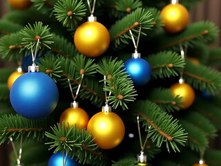 blue and yellow christmas balls on tree, close-up, generative AI