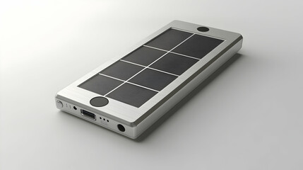 A silver smartphone with a solar panel on its back, lies on a white surface.