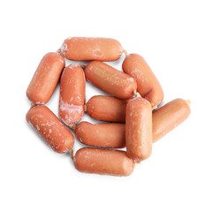 Frozen sausages isolated on white, top view