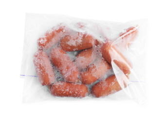 Frozen sausages in plastic bag isolated on white, top view