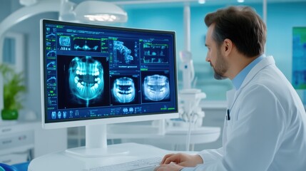 Dentist Reviewing Detailed Teeth X-ray Images for Diagnosis