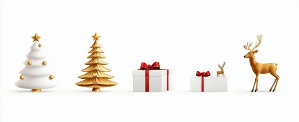 Decorative Christmas scene featuring trees, gifts, and a reindeer on a white background.