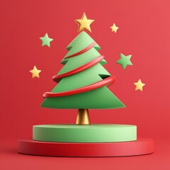 Colorful Christmas tree with stars against a vibrant red backdrop for festive celebrations.