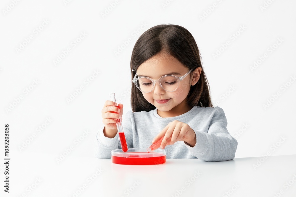Poster a child conducts a science experiment with a red liquid in a petri dish.