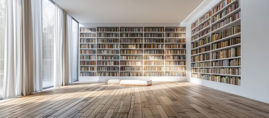 Obraz premium Sunlit room with large bookcases and hardwood floor.