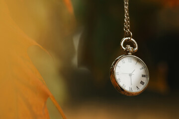 Autumn time. Chain watch on blurred background, closeup with space for text