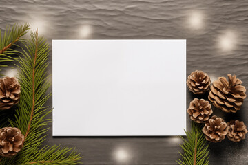 Fototapeta premium A blank white sheet of paper is placed on a tabletop, surrounded by gold and white ornaments and fairy lights, creating a cozy atmosphere ideal for holiday projects.. Generative AI