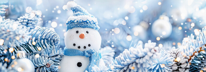 Playful snowman in a snowy blue landscape for a charming Christmas greeting card, banner
