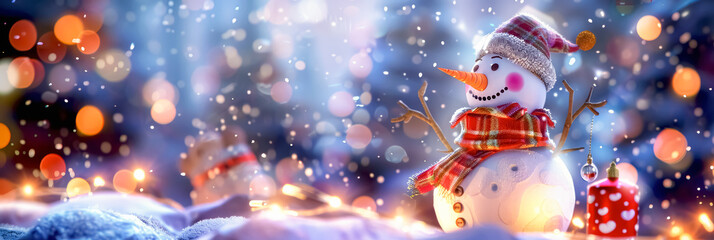 Obraz premium Festive snowman with vibrant scarf and hat welcomes Christmas in a snowy winter wonderland