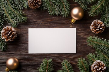 A blank white sheet of paper is placed on a tabletop, surrounded by gold and white ornaments and fairy lights, creating a cozy atmosphere ideal for holiday projects.. Generative AI