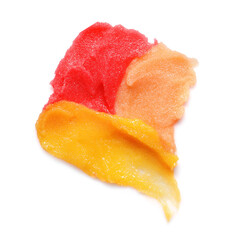 Smears of body scrubs isolated on white, top view