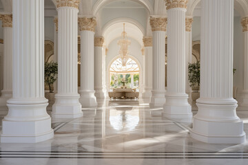 Fototapeta premium Palace with columns interior background, castle hall, classic ballroom illustration. Luxury wedding banquet room with arch window, marble column. Vintage palace interior. Generative AI