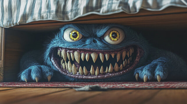 Frightening scene: a big-toothed, yellow-eyed blue monster hiding under a bed