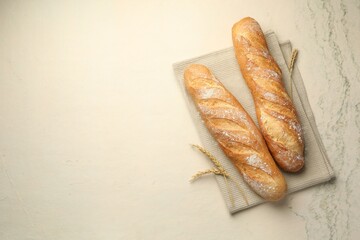 Fresh baguettes and spikes on beige textured table, flat lay. Space for text