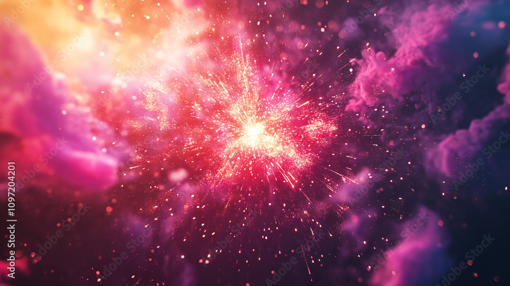 Aufkleber Vibrant burst creating nebula clouds and sparkly particles, ideal for backdrops and sci-fi projects