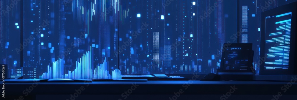 Aufkleber A digital workspace with data visualizations and coding on screens.
