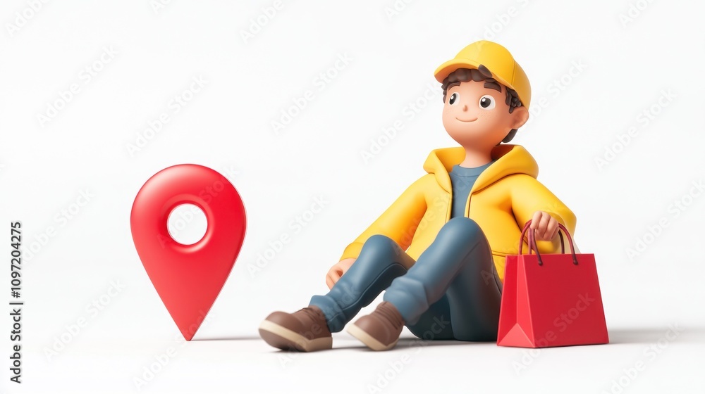 Poster a 3d character in a yellow jacket sits beside a red location pin and a shopping bag.
