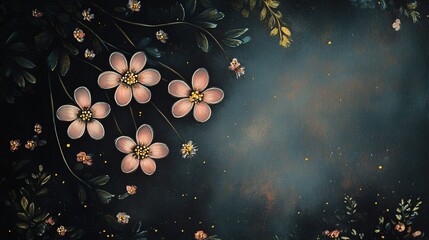 Floral background, hand-painted pink and cream flowers on a dark blue background, with copy space in the middle of the frame, in the style of digital art.