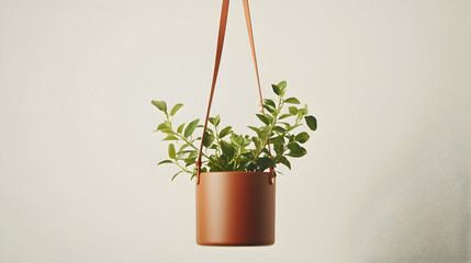 A terracotta pot with a small green plant hangs from light brown leather straps against a muted background.