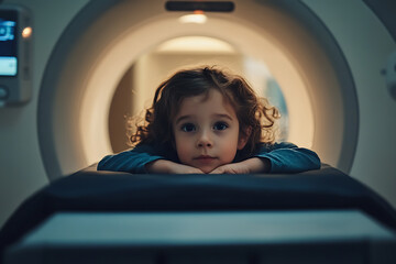A child lying calmly on an MRI scanner table with a caring technician nearby, highlighting advanced medical care in a modern hospital environment.
