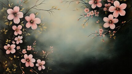 Floral background, hand-painted pink and cream flowers on a dark blue background, with copy space in the middle of the frame, in the style of digital art.